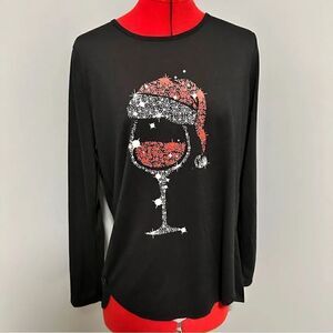 Lilicloth black T-shirt with Christmas wine glass. Size medium